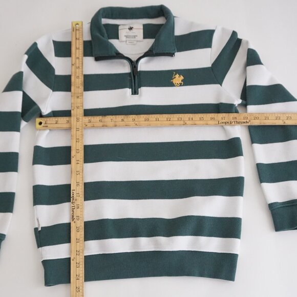 French Clique Polo Club Green White Rugby Stripe Quarter Zip Preppy Pullover M - Picture 3 of 9